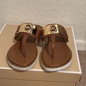 Michael Kors Gold and Tan Slide Sandals
